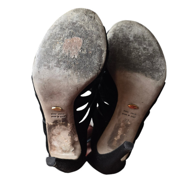 Sergio Rossi Caged Open Toe Sandal Bootie Heels Black Leather Designer 37 - Picture 9 of 9